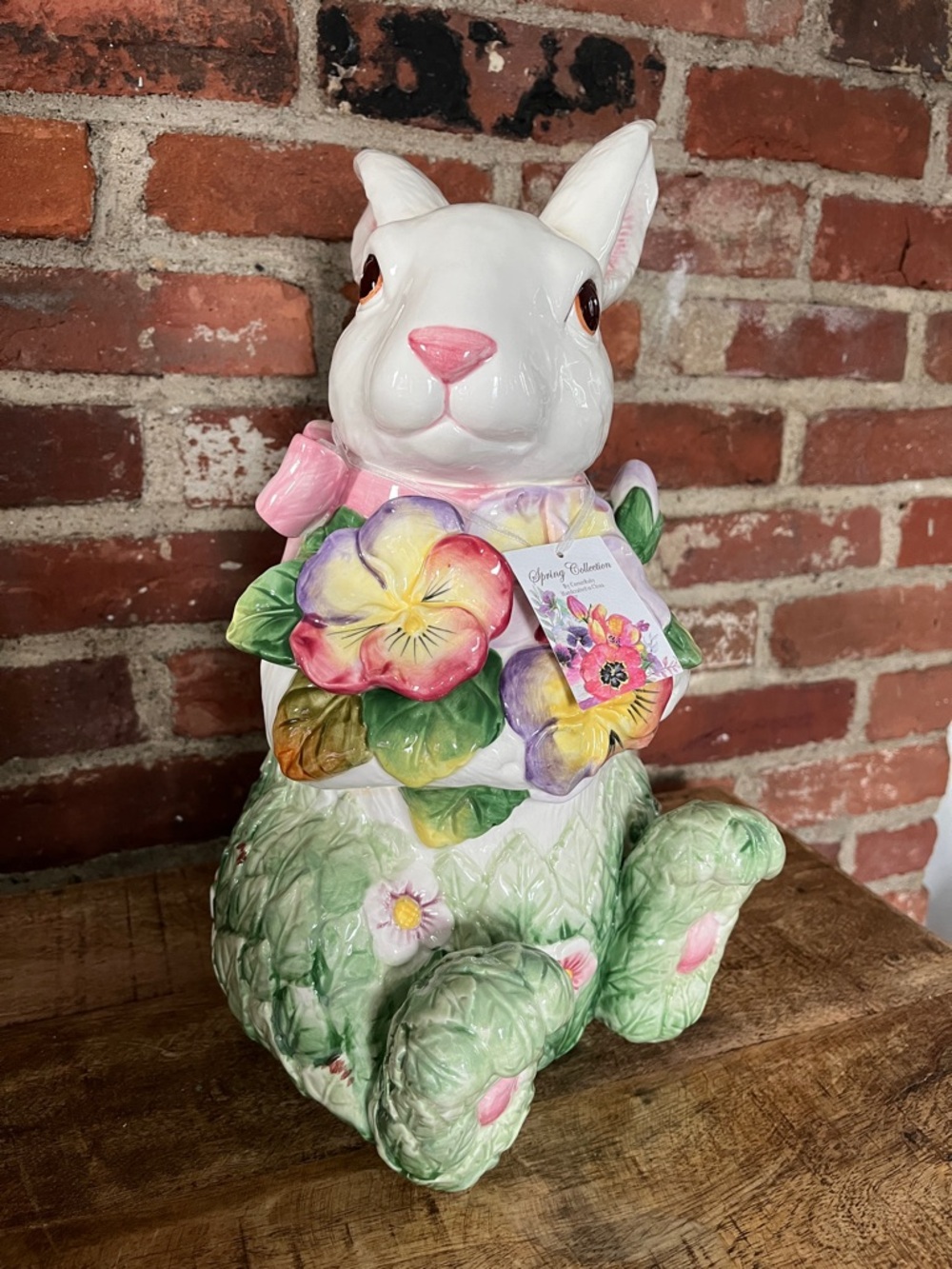 White Ceramic Bunny Figurine Planter with Pink & Green Floral Accents